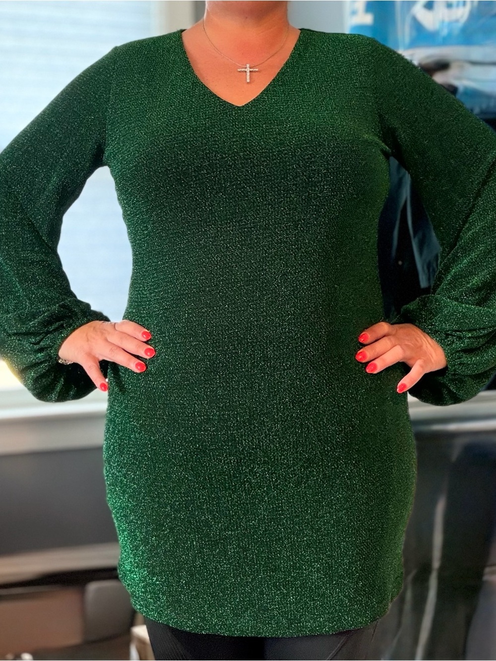 Sparkle V-Neck Long Sleeve Dress in Deep Green